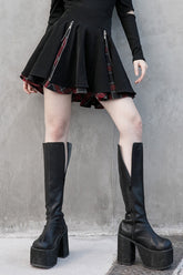 Jupe Punk Femme Plissée avec Fermeture Éclair en Métal et Motif Écossais Noir/Rouge